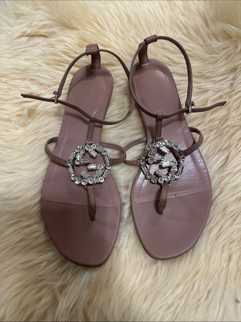 Gucci Embellished Mauve Women's T-Strap Sandals